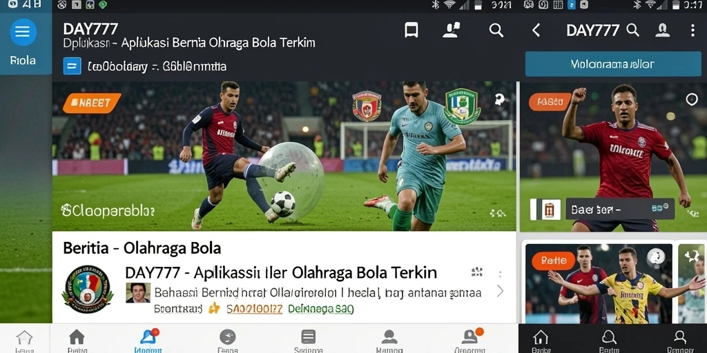 Tampilan antarmuka aplikasi DAY777 dengan fitur berita olahraga bola.