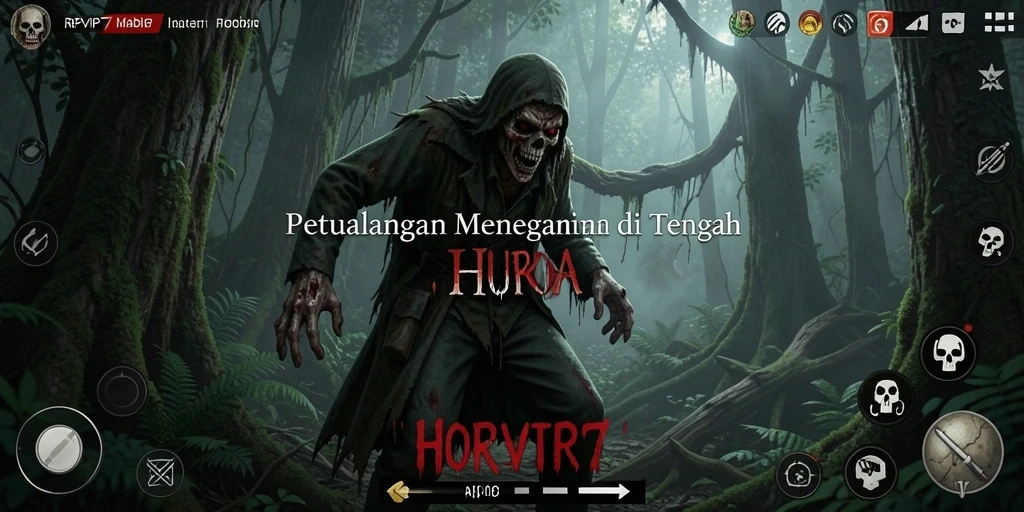 Antarmuka permainan RPVIP7 menampilkan suasana horor hutan yang mencekam.