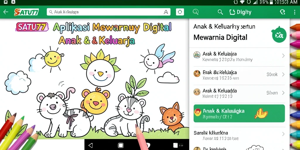 Antarmuka SATU77 menampilkan alat mewarnai dan gambar untuk anak-anak.