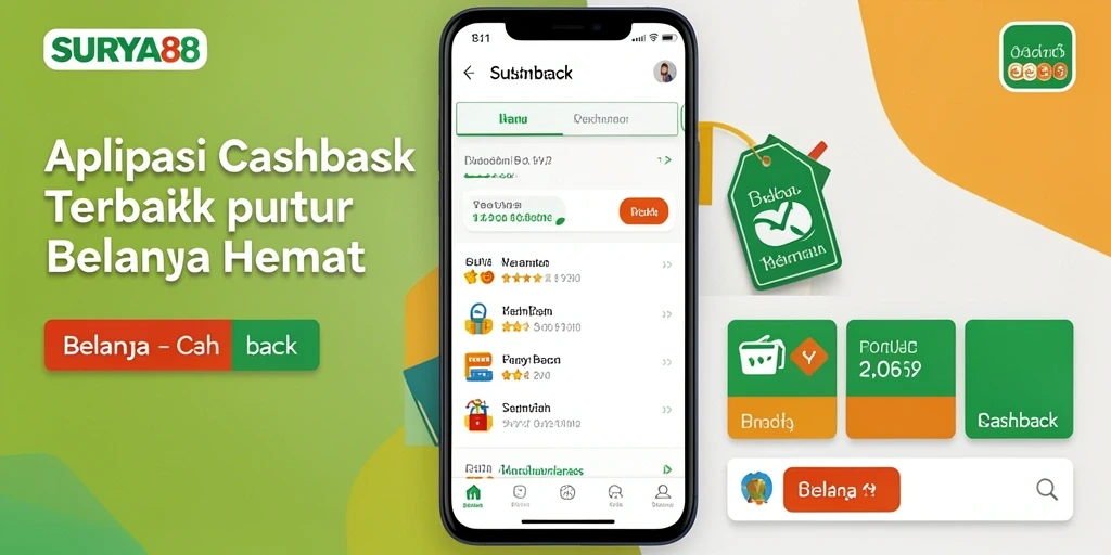 Tampilan antarmuka aplikasi SURYA88 dengan berbagai penawaran cashback.